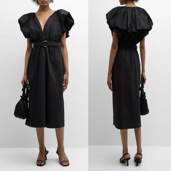 MANTU Black Deep V-Neck Ruffle Midi Dress no belt sz 46 US 10 - Picture 1 of 13